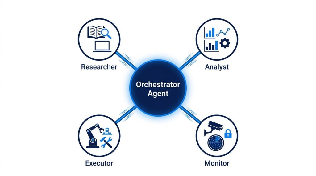 Concept diagram of a multi-agent system showing a central 'orchestrator agent' hub connected to four specialized 'worker agents': researcher, analyst, executor, monitor.