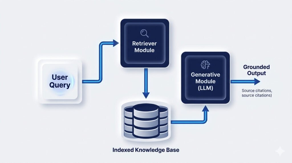 Technical diagram in neomorphic 3d style visualizing the four main components of a rag architecture: user query, retriever module, generative module (llm), and indexed knowledge base, with data flow streams on a clean white background. "
