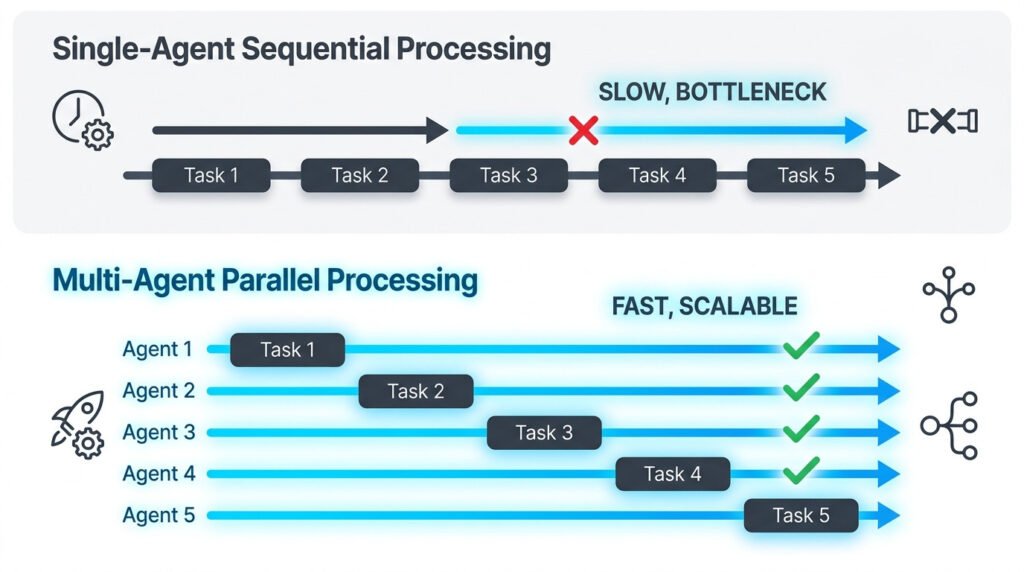 "infographic comparing single-agent sequential processing showing one task at a time (slow, bottleneck) vs multi-agent parallel processing showing simultaneous task execution (fast, scalable).