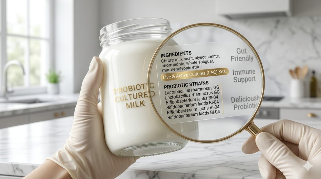 A conceptual close-up photograph where a magnifying glass focuses sharply on the 'ingredients' and 'probiotic strains' section of a fermented product label, highlighting 'live & active cultures (lac) seal' and specific strains to identify the best probiotic foods.