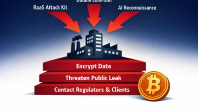Ransomware 2026 attack model infographic — three converging threats (raas kit, double extortion, ai reconnaissance) targeting a business, with three stacked extortion pressure layers showing data encryption, public leak threat, and regulator contact. Navy-to-white gradient background.