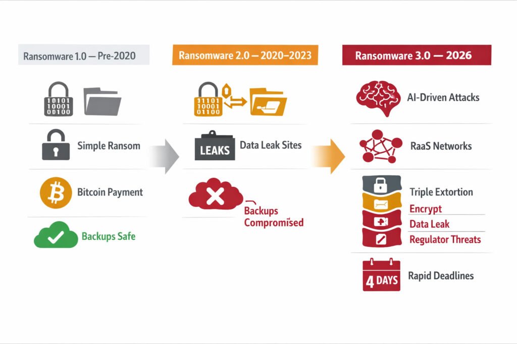 Ransomware 2026 evolution timeline — three-column infographic showing ransomware progression from ransomware 1. 0 (encryption only, backup-reversible) through ransomware 2. 0 (double extortion) to ransomware 3. 0 in 2026 (ai acceleration, raas, triple extortion, four-day dwell time). White background