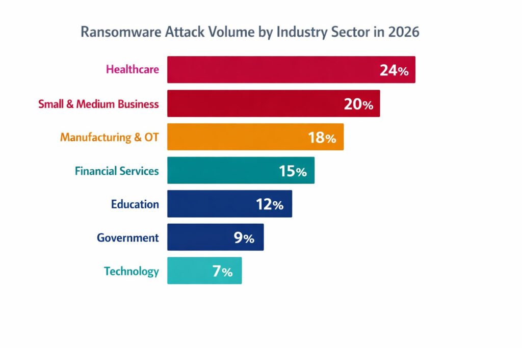 Ransomware 2026 attack volume by industry sector — horizontal bar chart showing healthcare as the highest-risk sector, followed by smbs, manufacturing, financial services, education, government, and technology in descending order of incident volume. White background, flat design.