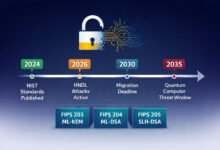(pqc) post-quantum cryptography 2026 timeline infographic — four milestone nodes from nist standards publication in 2024 through hndl attacks active in 2026 to quantum computer threat window in 2035, with the three nist algorithm standards fips 203 204 205 shown below. Navy-to-white gradient