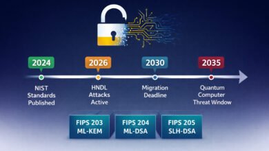 (pqc) post-quantum cryptography 2026 timeline infographic — four milestone nodes from nist standards publication in 2024 through hndl attacks active in 2026 to quantum computer threat window in 2035, with the three nist algorithm standards fips 203 204 205 shown below. Navy-to-white gradient