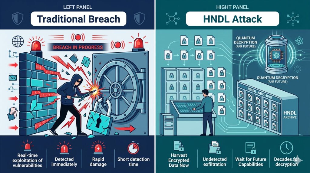 Harvest now, decrypt later attack compared to traditional breach — side-by-side showing deferred decryption threat model.