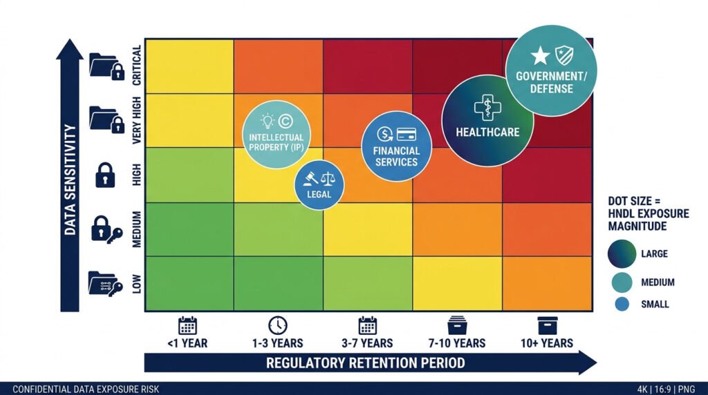 Harvest now, decrypt later risk pyramid — five sectors ranked by hndl exposure from government and defense at highest risk through legal and law firms, with data confidentiality lifetime shown as the primary risk driver