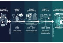Harvest now, decrypt later attack—a three-stage timeline from data collection through quantum decryption, 2026 to 2040.