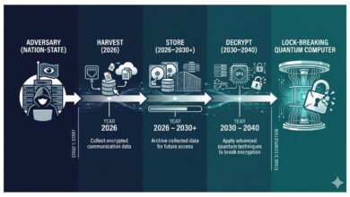 Harvest now, decrypt later attack—a three-stage timeline from data collection through quantum decryption, 2026 to 2040.