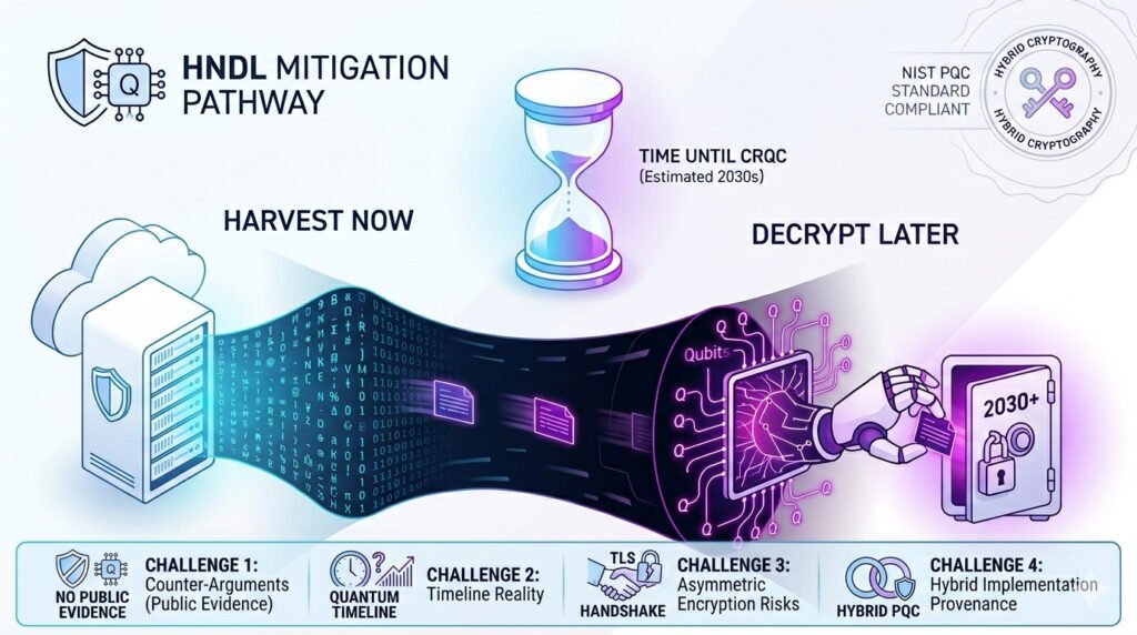 Harvest now, decrypt later (hndl) infographic showing data flowing from a current cloud server to a future quantum-decrypted archive (2030+). It features an hourglass timeline, nist/hybrid security seals, and a rebuttal panel addressing four common counter-arguments against pqc migration.