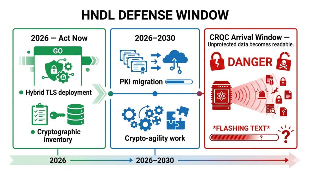Harvest now, decrypt later defense timeline — action windows from 2026 through crqc arrival showing when each mitigation must be deployed.