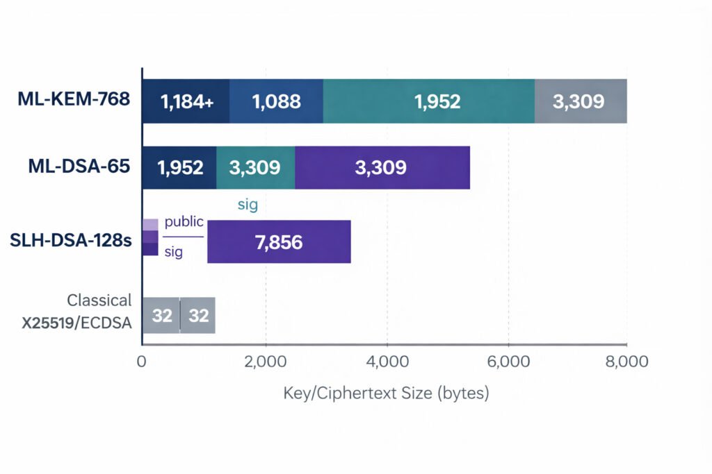 Ml-kem vs ml-dsa vs slh-dsa key and signature size comparison — bar chart showing byte overhead versus classical cryptography.