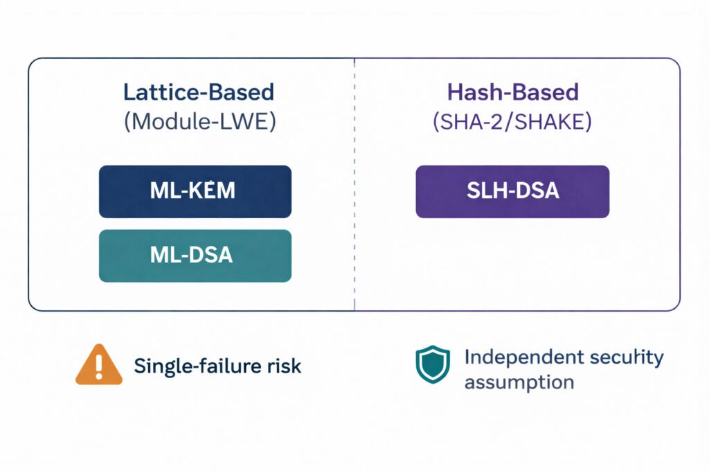 Ml-kem vs ml-dsa vs slh-dsa security assumption diversity — lattice-based algorithms share module-lwe risk while slh-dsa uses independent hash-based math.