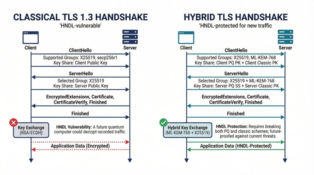 Post-quantum cryptography migration roadmap hybrid tls — classical versus ml-kem x25519 hybrid key exchange showing hndl protection difference.