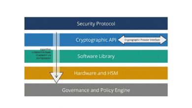 Crypto-Agility Architecture: How To Build Quantum-Ready Systems That Survive Algorithm Changes 9 Split-screen architectural illustration comparing the brittleness of hardcoded cryptographic algorithms — shown as a crumbling concrete wall triggering emergency alerts — against the structured resilience of a well-designed cryptographic programming interface, depicted as a modular, switchable control panel in a professional data center environment.