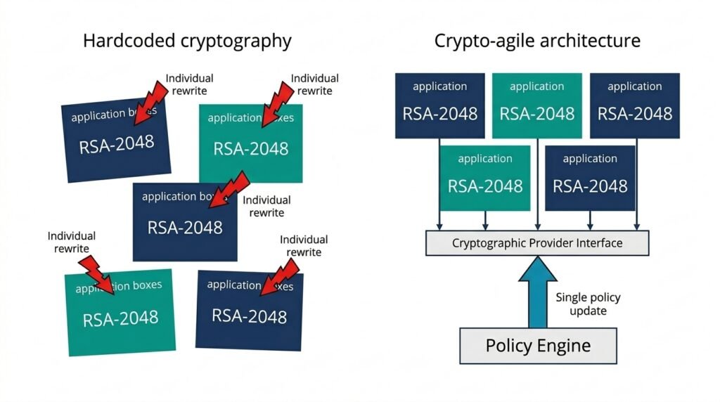 Tiered cityscape illustration depicting enterprise it modernization strategy: legacy level 0 and level 1 systems protected by network-layer post-quantum tls compensating controls in the foreground, while agile-by-design replacement systems rise in the background, representing a phased crypto-agility migration approach.