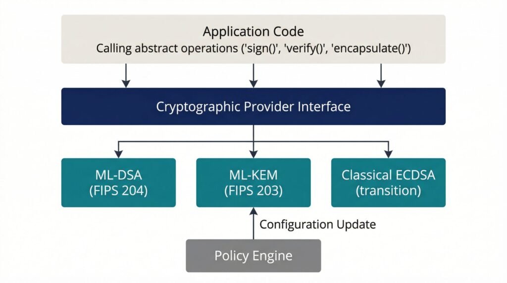 Corridor timeline illustration contrasting the sha-1 deprecation lesson — where systems remained exposed for five years due to lack of crypto-agility — against the known 2035 nist deadline for quantum-vulnerable algorithm deprecation, showing two paths: emergency compliance versus planned migration enabled by crypto-agility built in advance.