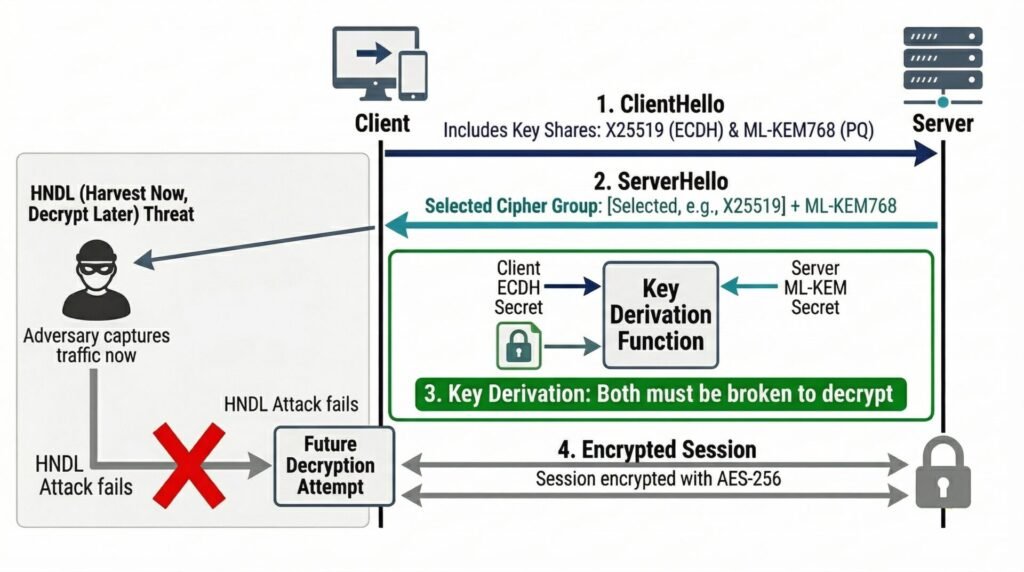 Post-quantum cryptography tls vpn hybrid tls handshake — x25519mlkem768 key derivation combining classical and post-quantum secrets against hndl threat.