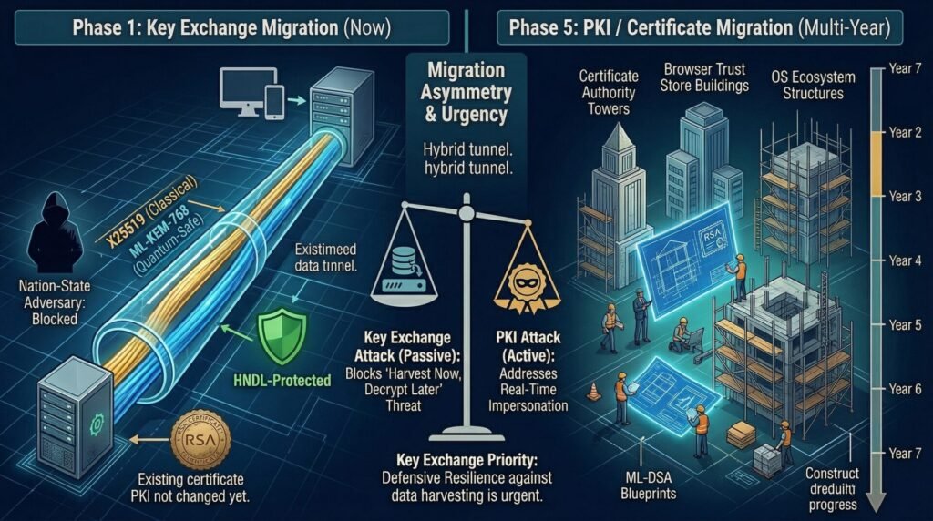 Architectural diagram illustrating the operational asymmetry between tls key exchange migration and pki certificate migration in post-quantum deployment planning. The left lane shows hybrid x25519mlkem768 key exchange providing immediate hndl protection for new traffic regardless of the existing rsa or ecdsa certificate, while the right lane depicts the longer multi-year certificate authority and trust store migration required for full pki transition — with a central diagram distinguishing the passive harvest-and-decrypt threat model from the active real-time impersonation threat.