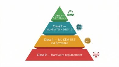Post-quantum cryptography iot devices — four-class migration pyramid showing ml-kem deployment path from class 0 hardware replacement to class 3 full tls hybrid.