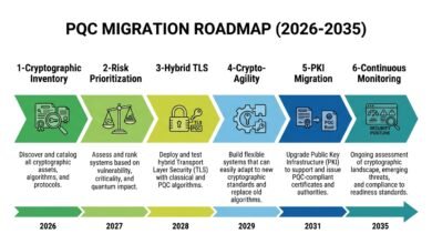 Post-quantum cryptography migration roadmap — six-phase enterprise implementation timeline from 2026 to 2035 covering inventory through pki migration.