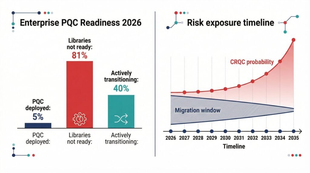 Post-quantum cryptography migration roadmap readiness gap — 2026 enterprise adoption statistics alongside narrowing migration window to crqc arrival.