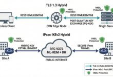 Post-quantum cryptography tls vpn hybrid deployment — x25519mlkem768 tls path and rfc 9370 ipsec ikev2 path shown with hndl protection indicators.