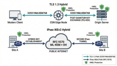 Post-Quantum Cryptography For Tls And Vpn: The Practical Deployment Guide For Network Security Teams In 2026 8 Post-quantum cryptography tls vpn hybrid deployment — x25519mlkem768 tls path and rfc 9370 ipsec ikev2 path shown with hndl protection indicators.