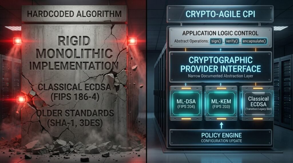 Crypto-agility architecture vs hardcoded cryptography comparison diagram