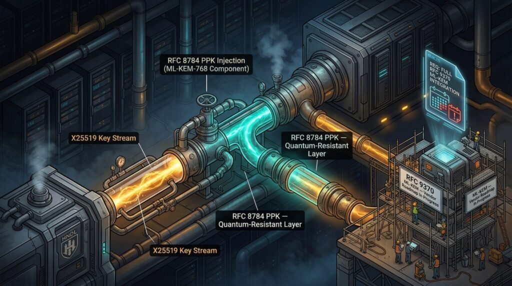 Ikev2 vpn pipeline illustration showing rfc 8784 pre-shared keys injected as an interim quantum-resistant layer while rfc 9370 ml-kem vendor support is shown under construction in the background.