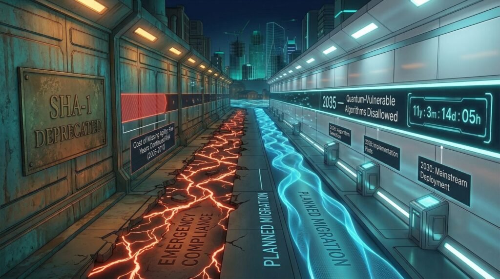 Corridor timeline illustration contrasting the sha-1 deprecation lesson — where systems remained exposed for five years due to lack of crypto-agility — against the known 2035 nist deadline for quantum-vulnerable algorithm deprecation, showing two paths: emergency compliance versus planned migration enabled by crypto-agility built in advance.