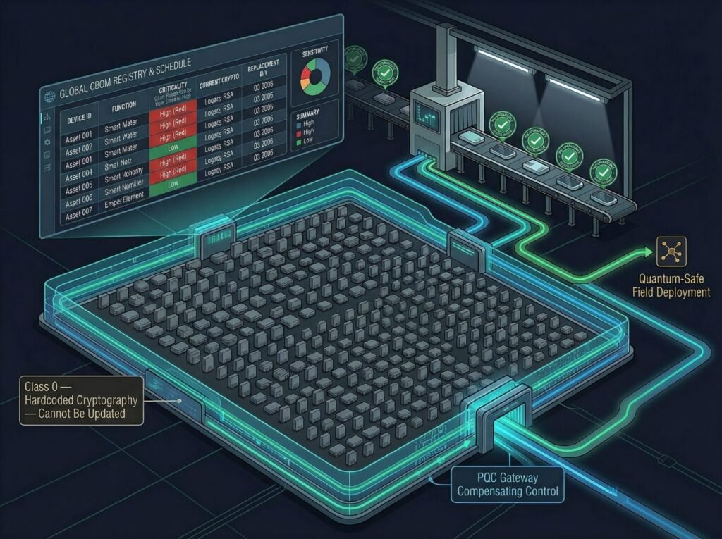 Post-Quantum Cryptography For Iot Devices: Solving The Constrained Hardware Challenge (2026) 6 Infrastructure illustration showing billions of class 0 legacy iot devices protected by a pqc gateway compensating control at the perimeter, a cbom registry tracking replacement schedules, and new pqc-upgradeable devices entering production.