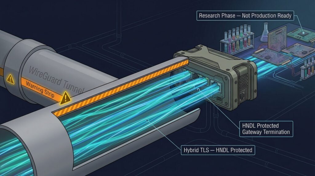 Layered architecture showing wireguard's classical outer tunnel wrapping hybrid tls-protected application traffic streams, with experimental post-quantum wireguard research visible in the background as a future development path.