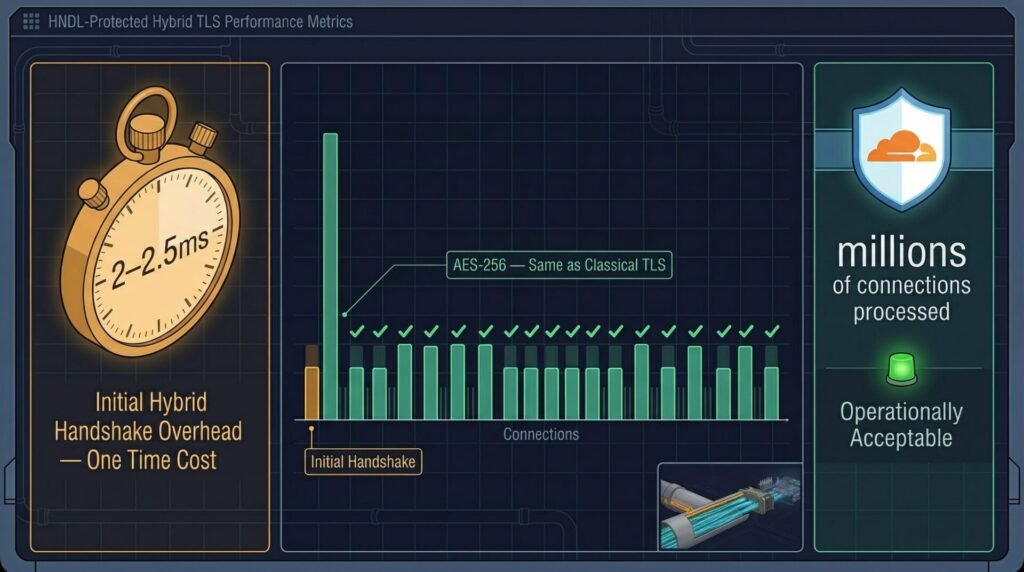 Engineering dashboard showing the 2–2. 5ms hybrid tls handshake overhead as a one-time cost on initial connection, amortized to near-zero across resumed sessions using tls session tickets, validated by cloudflare production deployment data.