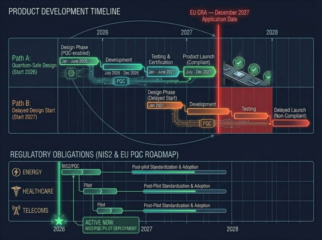 Post-Quantum Cryptography For Iot Devices: Solving The Constrained Hardware Challenge (2026) 7 Product development gantt chart showing that devices designed in 2026 launch into the eu cra's december 2027 application window, alongside nis2 and eu pqc roadmap obligations already active for regulated sectors in 2026.