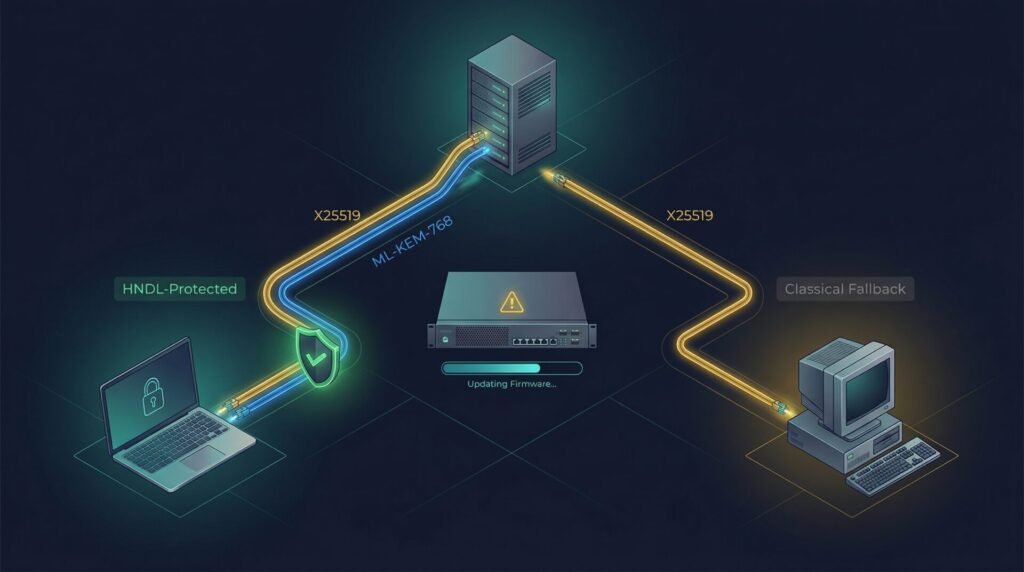 Network topology showing hybrid x25519mlkem768 negotiation succeeding with modern clients while legacy clients fall back gracefully to classical x25519, with a middlebox firewall undergoing firmware update to resolve split clienthello compatibility.
