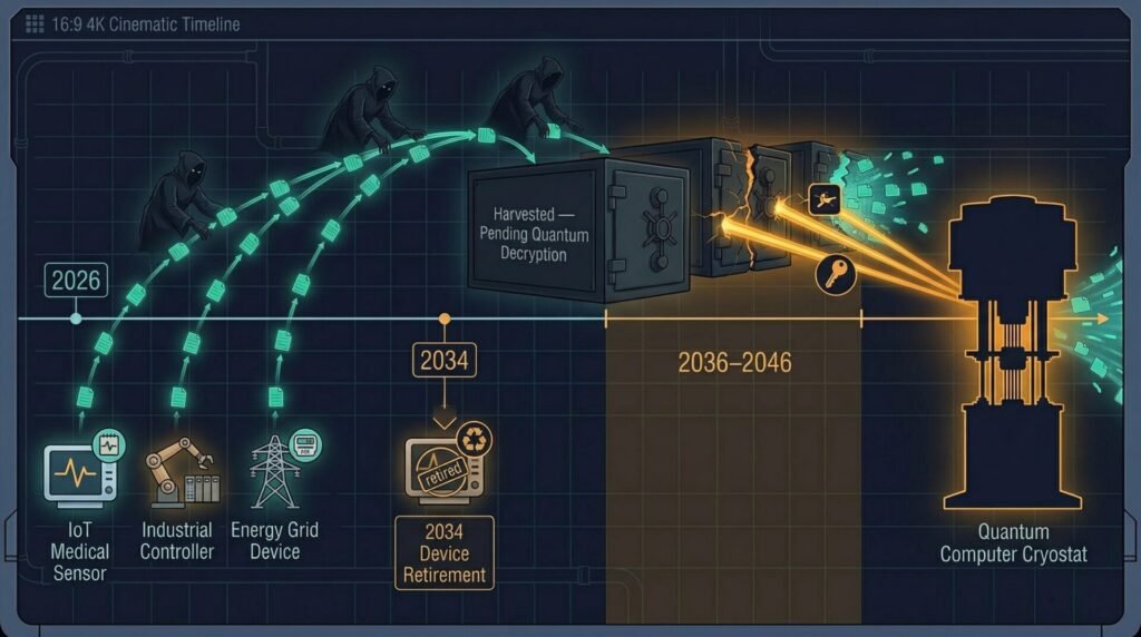 Post-Quantum Cryptography For Iot Devices: Solving The Constrained Hardware Challenge (2026) 4 Timeline illustration showing iot devices transmitting sensitive data in 2026 that is harvested by adversaries and held for quantum decryption in the 2036–2046 crqc window, while the device itself is retired in 2034 — demonstrating that data confidentiality risk outlasts the device lifecycle.