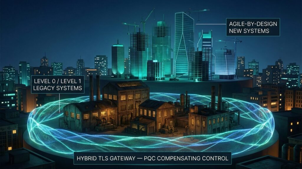 Legacy system protection strategy — network-layer pqc gateway controls shield level 0 and level 1 systems while crypto-agile replacement systems are built in parallel, showing the compensating controls approach recommended by nist cswp 39.