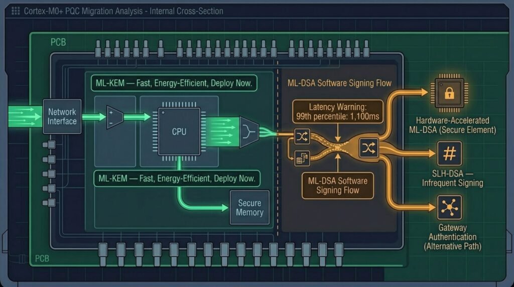 Post-Quantum Cryptography For Iot Devices: Solving The Constrained Hardware Challenge (2026) 5 Iot microcontroller cross-section showing ml-kem key exchange as a fast viable pathway and ml-dsa software signing flagged with high latency, branching into three practical alternatives: hardware-accelerated secure elements, slh-dsa for infrequent use, and network-layer gateway authentication.