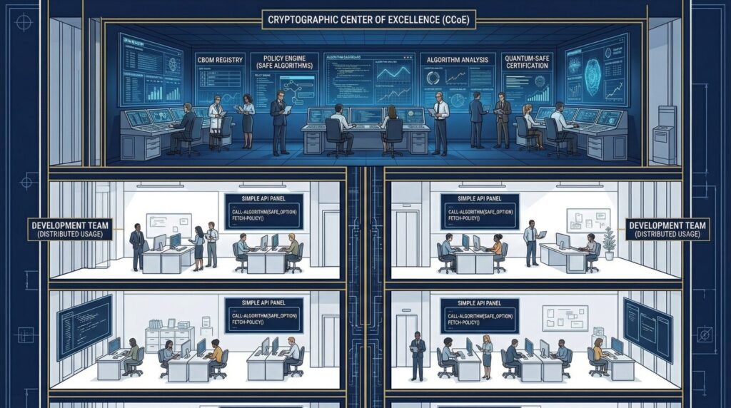Architectural cross-section illustration showing the cryptographic center of excellence at the top floor governing algorithm selection, policy enforcement, and cbom management, with development teams on lower floors calling simple abstract cryptographic operations through a well-defined cpi — concentrating expertise at the governance layer rather than distributing it across every team.