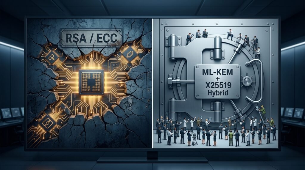 Split-screen comparing rsa and ecc vulnerability to quantum attacks on the left versus the battle-tested resilience of ml-kem hybrid deployment on the right, symbolizing eight years of nist cryptanalytic scrutiny