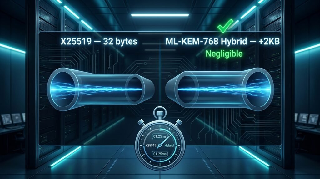 Side-by-side visualization of x25519 and ml-kem-768 hybrid tls handshake overhead, showing that the additional 2kb introduced by post-quantum key encapsulation produces negligible latency impact in production environments.
