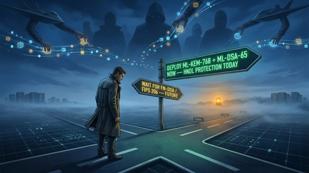 A split-path decision illustration showing the risk of delaying post-quantum migration to wait for fn-dsa, while nation-state actors harvest encrypted data today using harvest now decrypt later strategies, making immediate ml-kem and ml-dsa deployment the strategically sound choice.