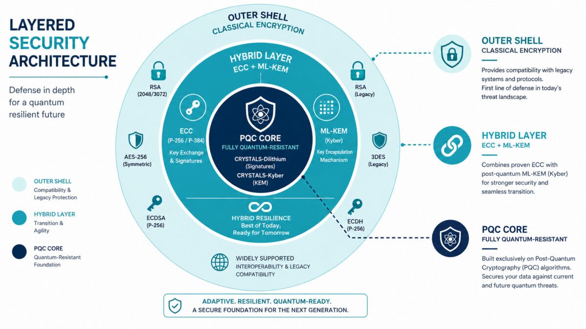 Q-Day Timeline Compression: How Google’s 2026 Breakthrough Changed Post-Quantum Risk 4 Q-day 2026 architecture diagram — layered hybrid encryption model showing the transition from classical ecc to post-quantum cryptography.