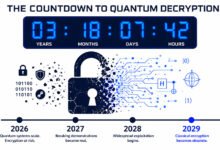 Q-day 2026 — digital countdown infographic showing the compressed quantum threat timeline after google's march 2026 breakthrough.