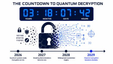 Q-day 2026 — digital countdown infographic showing the compressed quantum threat timeline after google's march 2026 breakthrough.