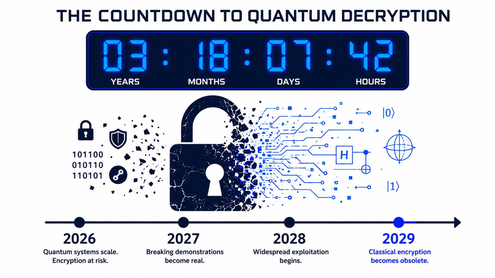 Q-Day Timeline Compression: How Google’s 2026 Breakthrough Changed Post-Quantum Risk 1 Q-day 2026 — digital countdown infographic showing the compressed quantum threat timeline after google's march 2026 breakthrough.