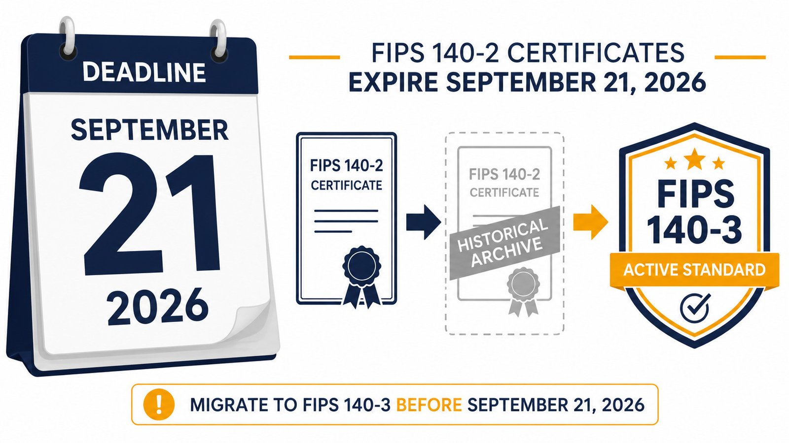 Fips 140-2 Sunset September 2026: What Every Organization Must Do Before The Deadline 1 Fips 140-2 sunset — september 21, 2026 deadline calendar showing transition of all certificates to the cmvp historical list.