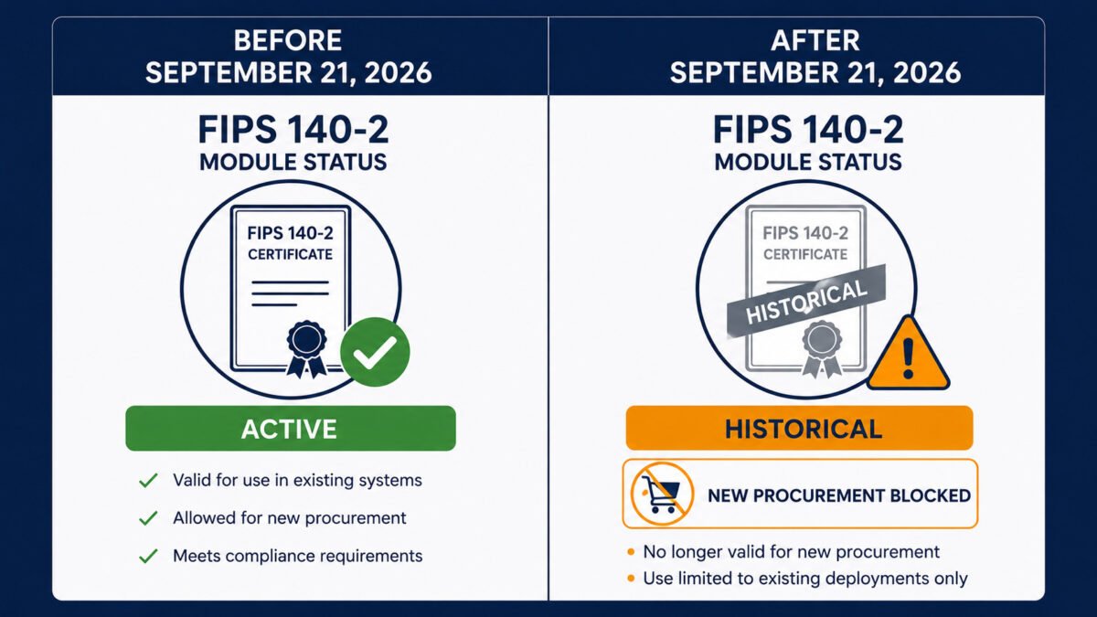Fips 140-2 Sunset September 2026: What Every Organization Must Do Before The Deadline 2 Fips 140-2 sunset status comparison — active module certification before september 2026 versus historical list classification blocking new federal procurements after the deadline.