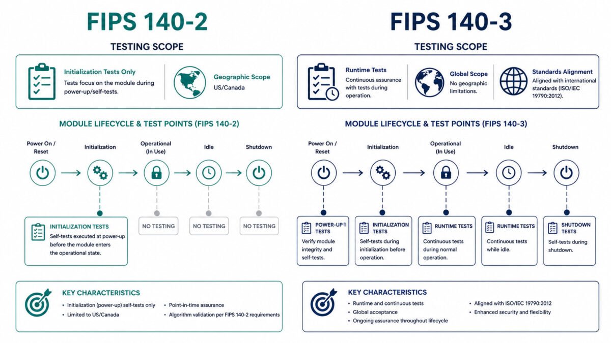 Fips 140-2 Sunset September 2026: What Every Organization Must Do Before The Deadline 3 Fips 140-2 sunset architecture diagram — comparing module testing scope and lifecycle requirements between the retired fips 140-2 standard and the current fips 140-3 framework.